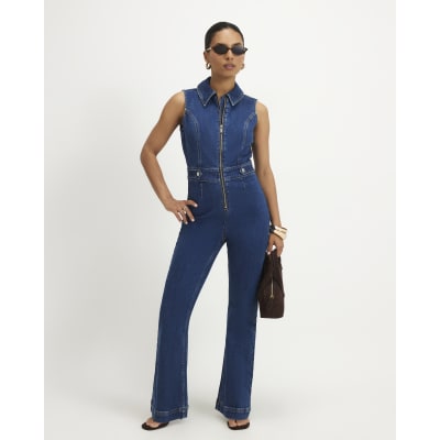 Petite Blue Stretch Denim Jumpsuit