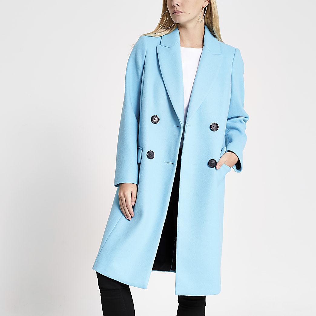 Petite bright blue longline coat | River Island