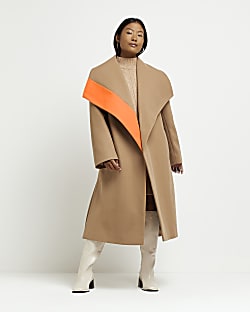 Petite brown belted longline coat