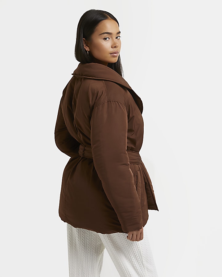 Petite brown belted puffer coat