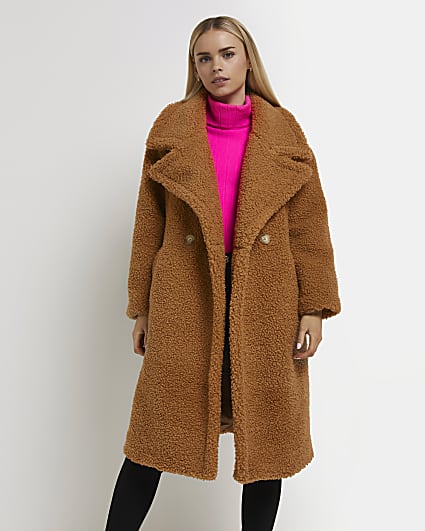 Petite brown borg oversized coat