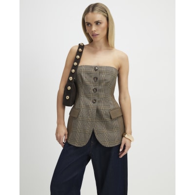 Petite Brown Check Print Bandeau Top