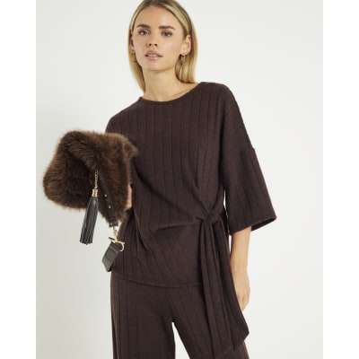 Petite Brown Cosy Wide Rib Knot Side Top
