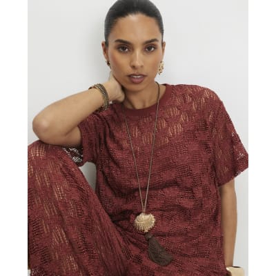 Petite Brown Crochet Lace Top