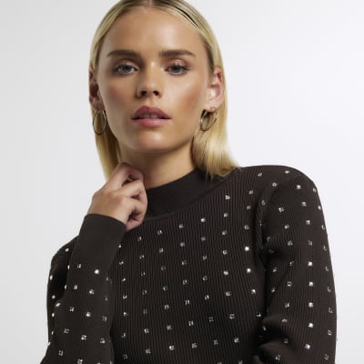 Petite brown diamante long sleeve top River Island