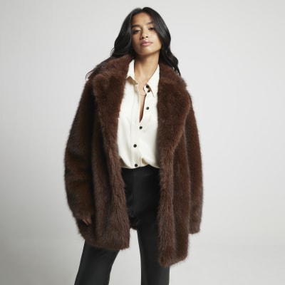 Petite Brown faux fur coat River Island