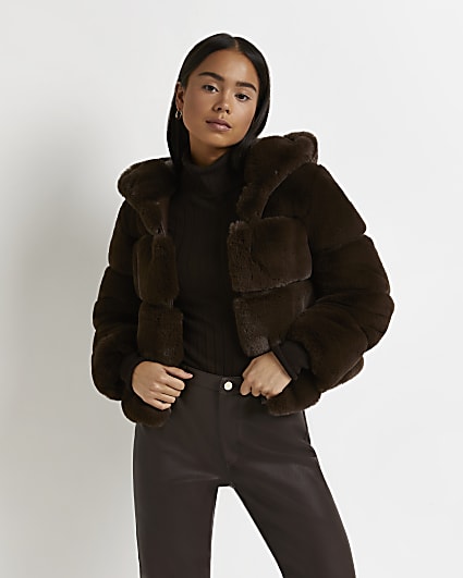 Petite brown faux fur hooded coat