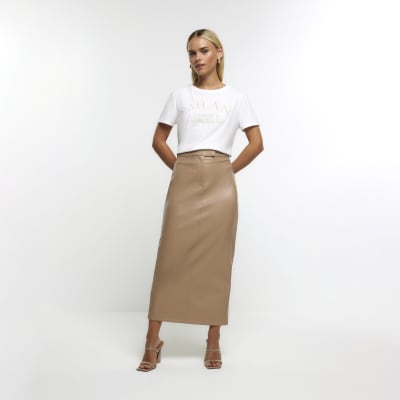 Petite brown faux leather midi skirt River Island
