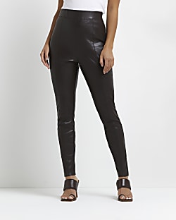 Petite brown faux leather skinny trousers