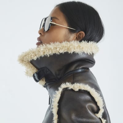 Petite Brown Faux Shearling Aviator Jacket