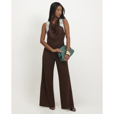 Petite Brown Halter Lace Trim Jumpsuit