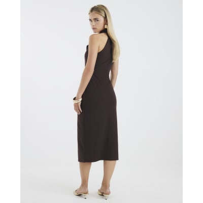 Petite Brown Halter Neck Midi Waistcoat Dress | River Island