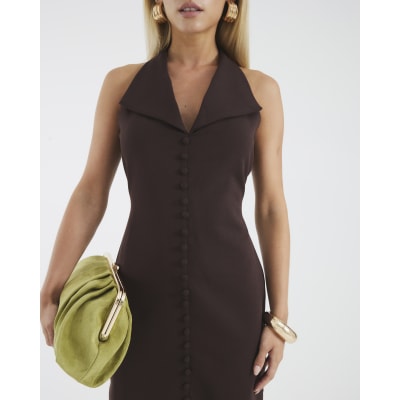 Petite Brown Halter Neck Midi Waistcoat Dress | River Island