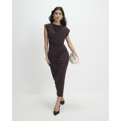 Petite Brown High Neck Ruched Midi Dress