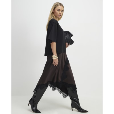 Petite Brown Lace Hybrid T-Shirt Maxi Dress