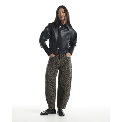 Petite Brown Leopard Print Barrel Leg Jeans