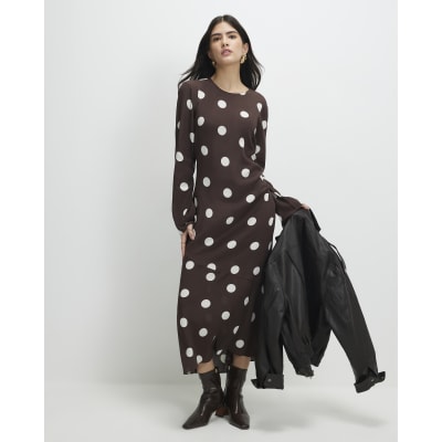 Petite Brown Long Sleeve Spotted Midi Dress