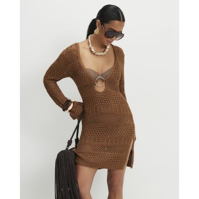 Petite Brown Metallic Knit Mini Beach Dress | River Island
