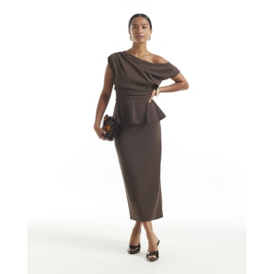 Petite Brown Peplum Midi Dress