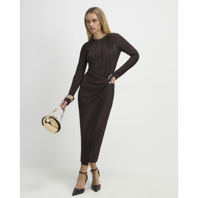 Petite Brown Plisse Buckle Detail Midi Dress