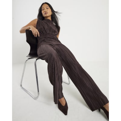 Petite Brown Plisse Wide Leg Trousers
