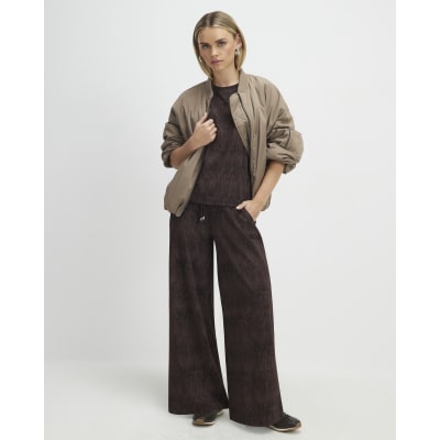 Petite Brown Premium Crinkle Wide Leg Joggers