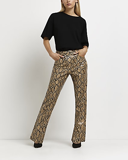 Petite brown printed faux leather trousers