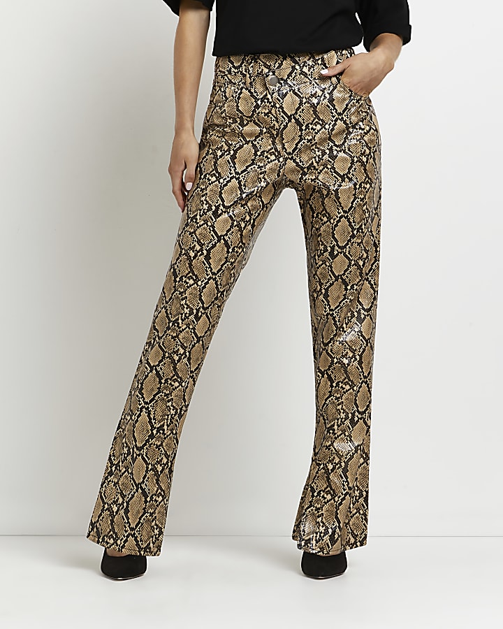 Petite brown printed faux leather trousers