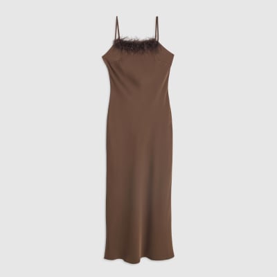 Petite Brown Satin Feather Trim Maxi Dress