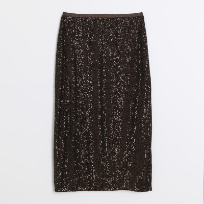 Petite brown sequin midi skirt | River Island