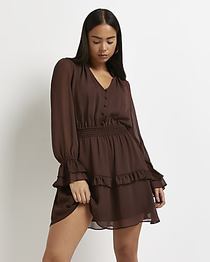 Petite brown shirred waist mini dress