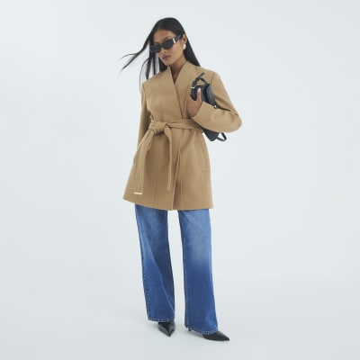 Petite Brown Short Belted Wrap Coat