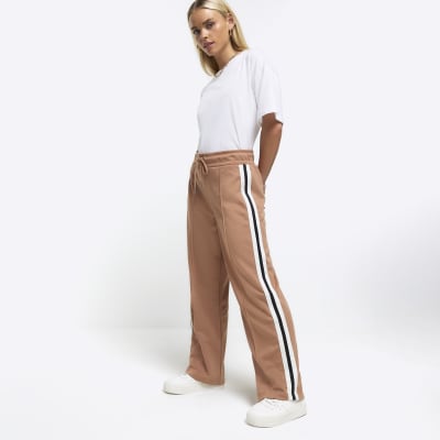 Petite brown side stripe wide leg joggers