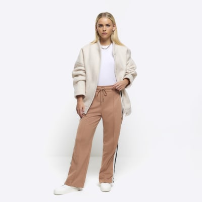 Petite brown side stripe wide leg joggers