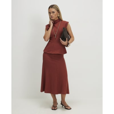 Petite Brown Textured Full Skirt