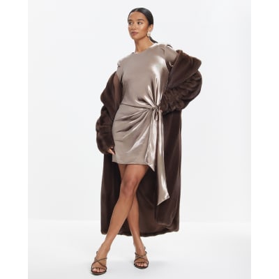 Petite Brown Velvet Tie Side Mini Dress