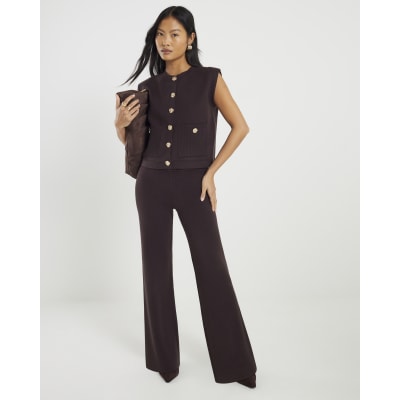 Petite Brown Wide Leg Knitted Trousers