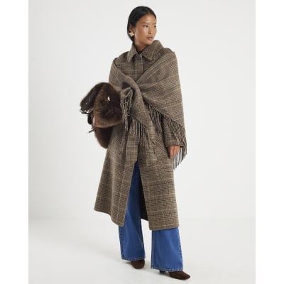 Brown Wool Blend Check Scarf And Trench Coat | River Island