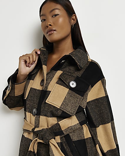 Petite brown wool check belted shacket