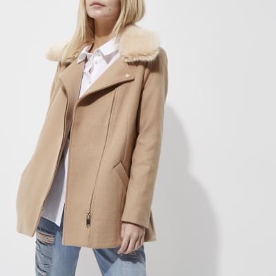 Petite camel faux fur trim biker collar coat | River Island