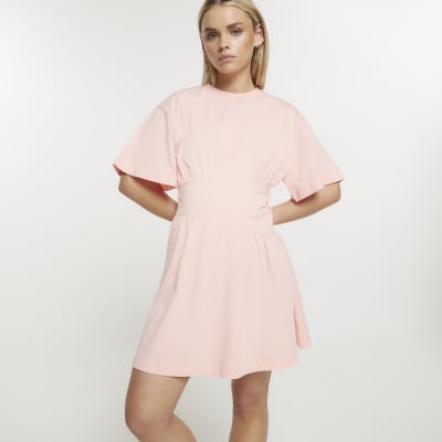 Petite coral cinched waist tshirt mini dress River Island