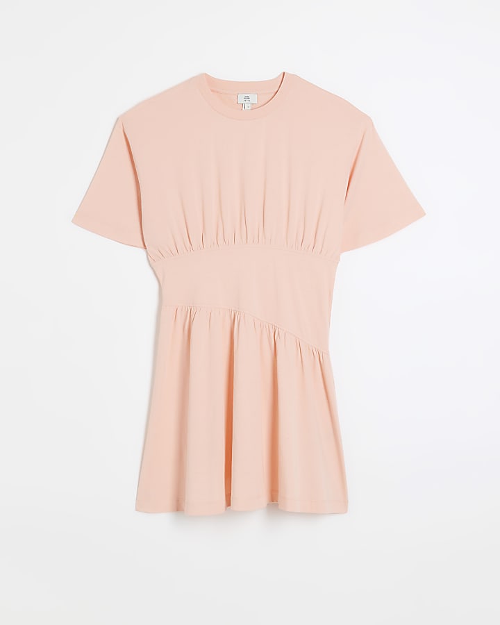 Petite coral cinched waist t-shirt mini dress