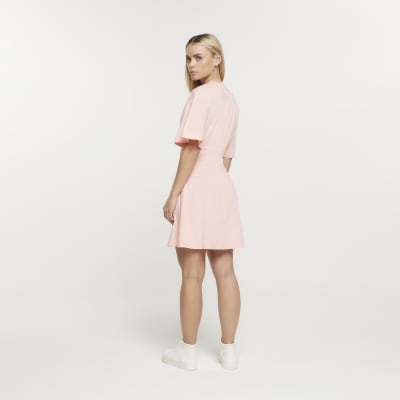 Petite coral cinched waist tshirt mini dress River Island