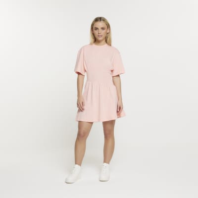 Petite coral cinched waist tshirt mini dress River Island