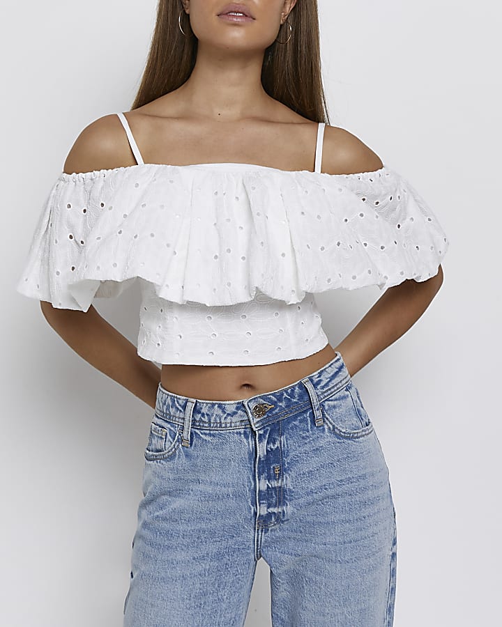 Petite cream broderie cold shoulder top