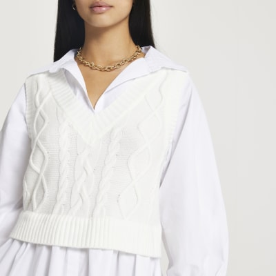 Petite cream cable knit shirt mini dress