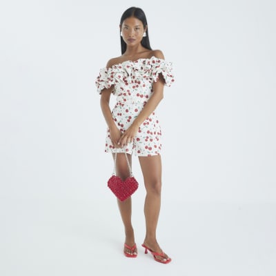 Petite Cream Cherry Print Bardot Playsuit