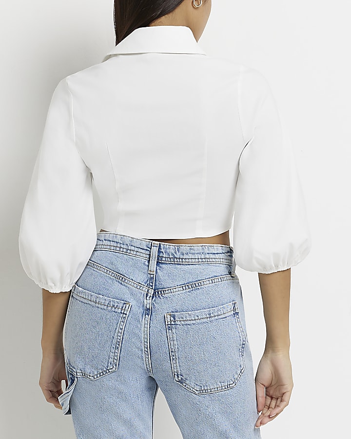 Petite cream cut out cropped shirt