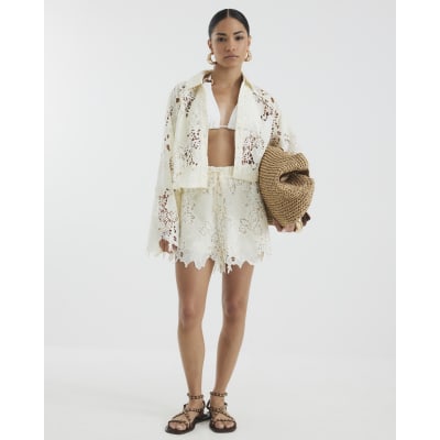 Petite Cream Cutwork Sequin Beach Shirt