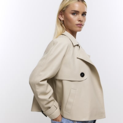Petite cream faux leather crop trench coat | River Island